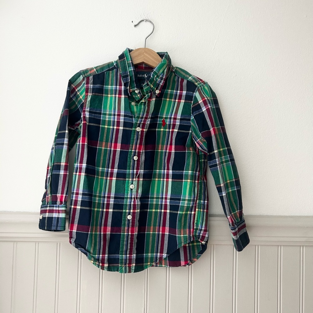 Ralph Lauren Kids Size 4 Green Blue Red Cotton Plaid Button Down Shirt